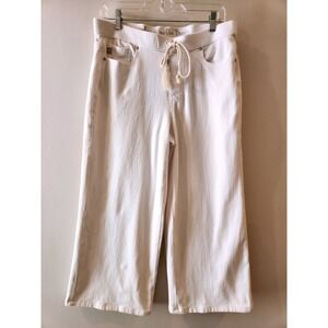 Belle Kim Gravel White Cropped Wide Leg Jeans Women's Size 10 Pull On Drawstring